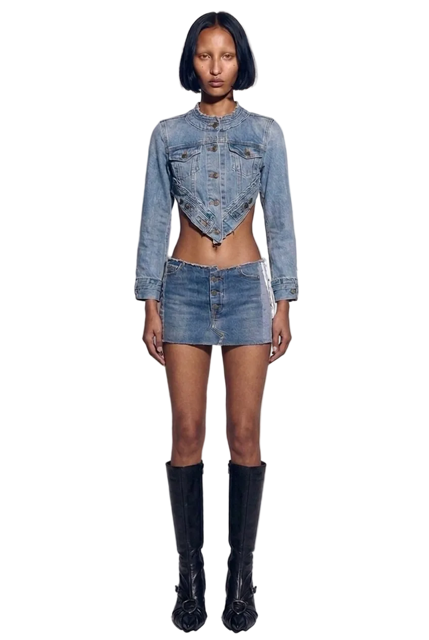 PORTERHOUSE RAW WAIST MINI SKIRT IN VINTAGE BLUE