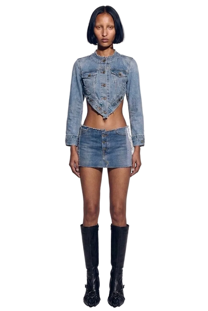 PORTERHOUSE RAW WAIST MINI SKIRT IN VINTAGE BLUE