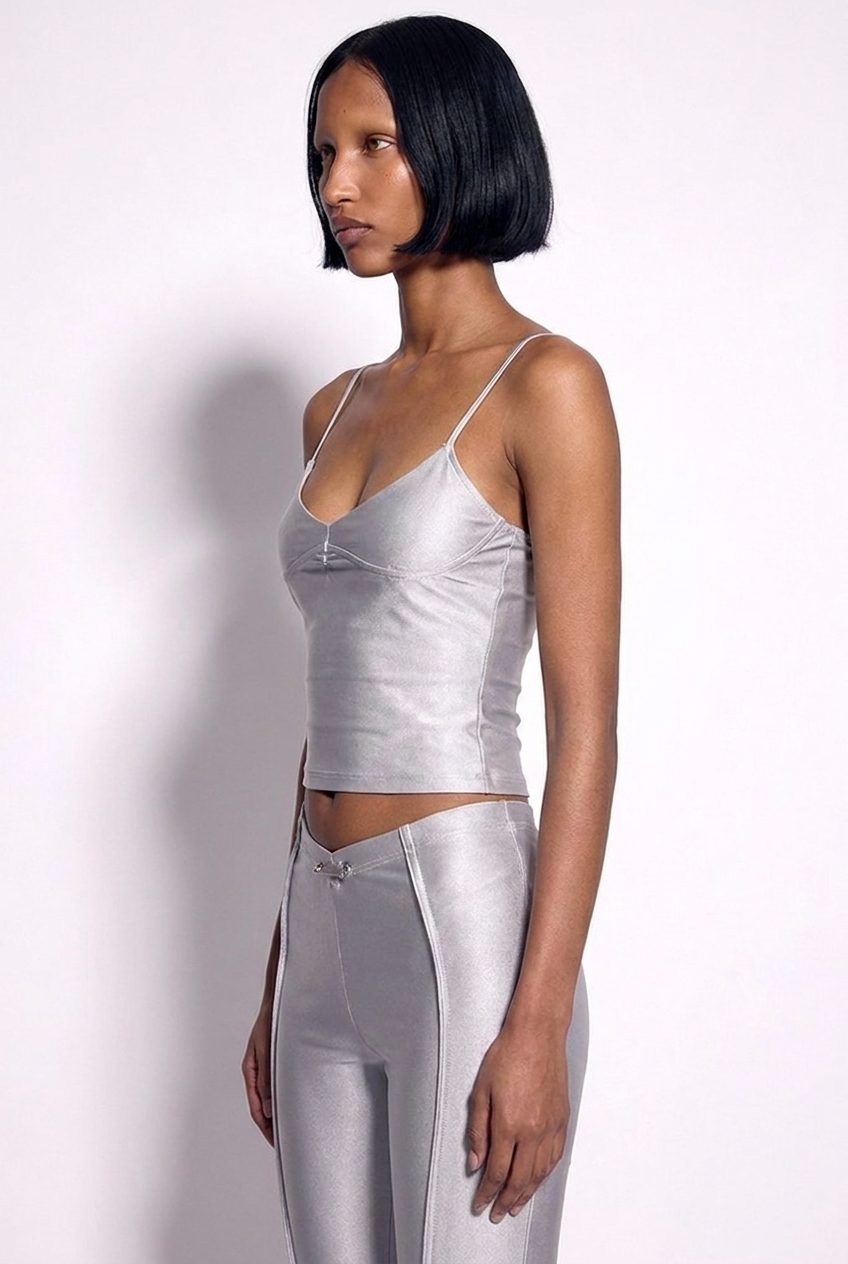 DOUBLE LAYER TANK IN SILVER STRETCH