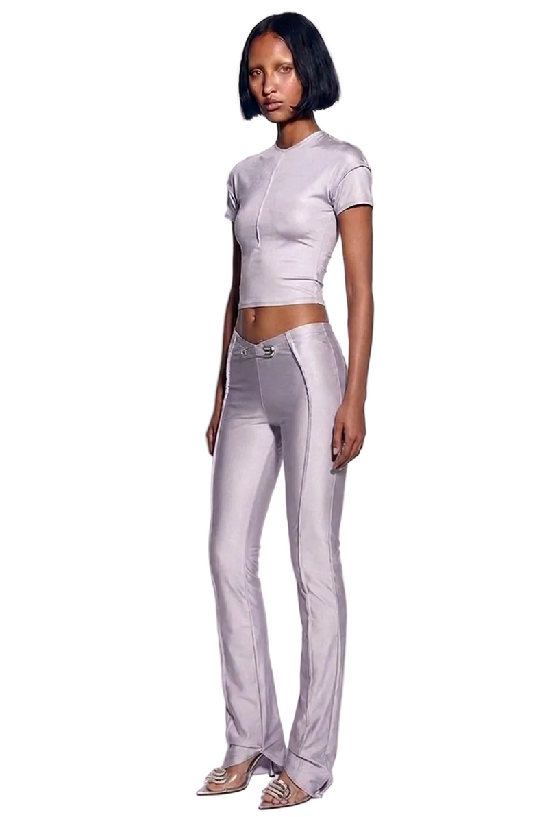 ASYMMETRIC PANTS IN SILVER STRETCH