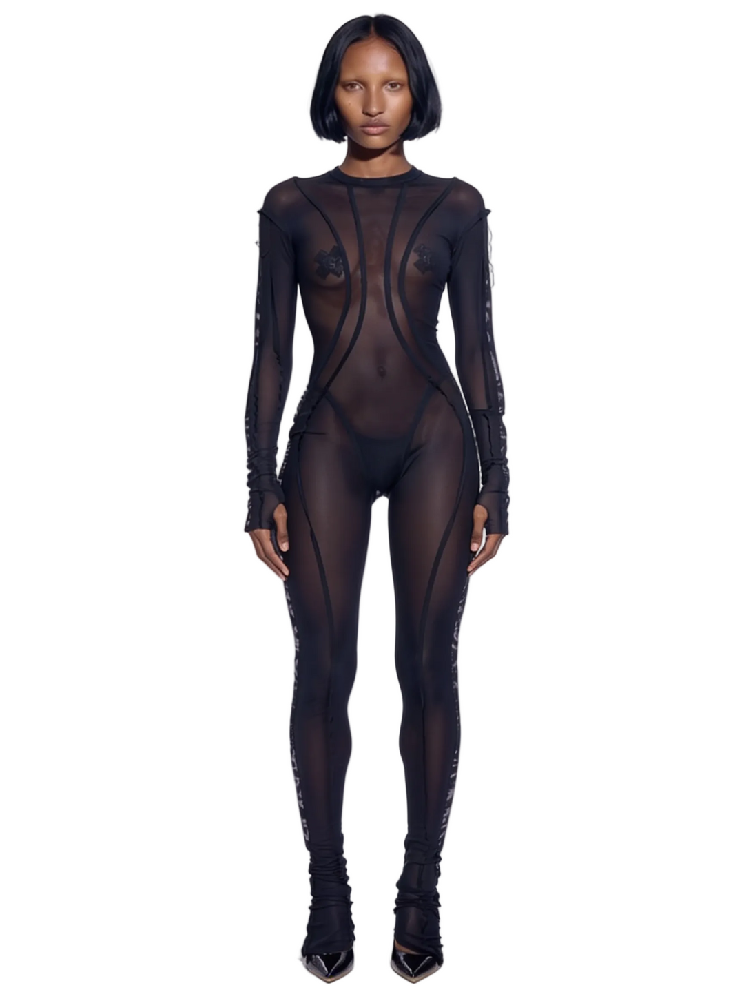 OPEN SEAM CATSUIT IN BLACK ECO MESH