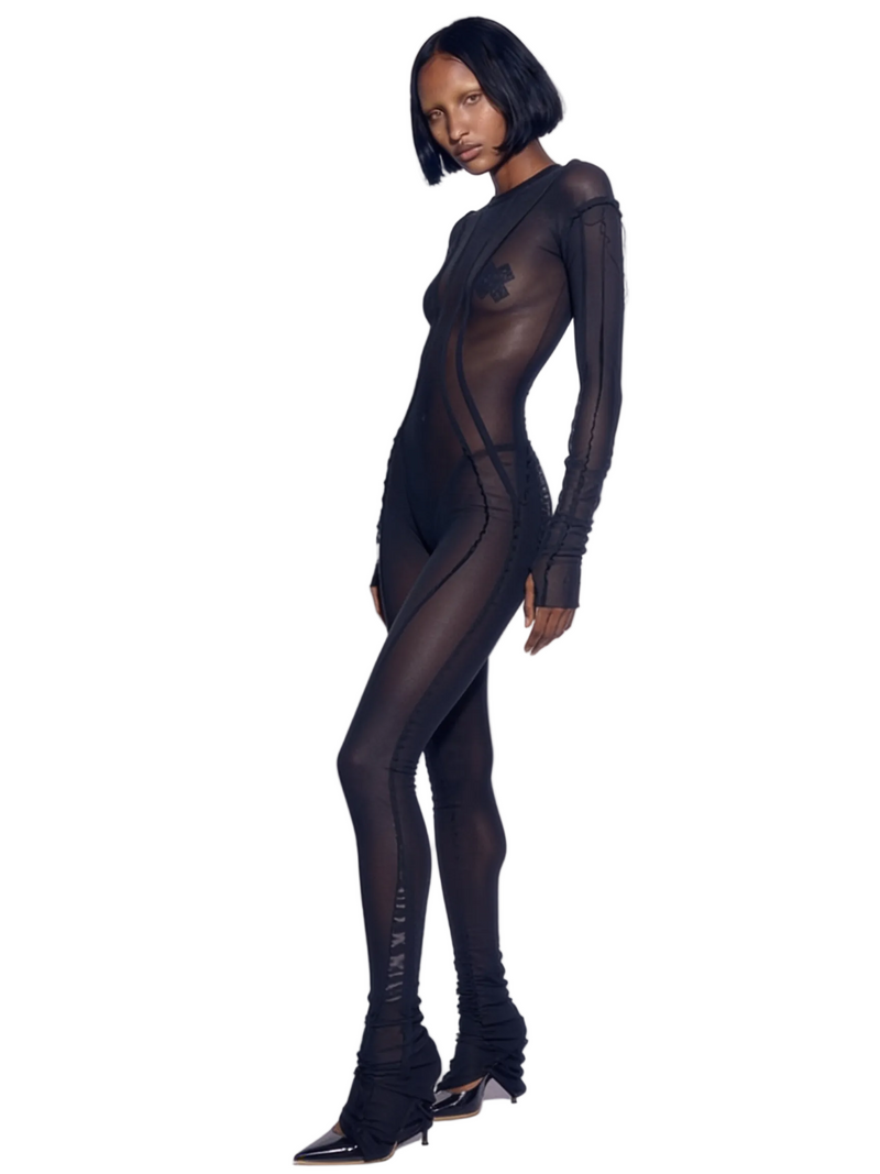 OPEN SEAM CATSUIT IN BLACK ECO MESH