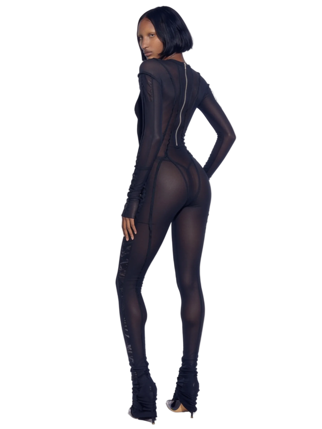 OPEN SEAM CATSUIT IN BLACK ECO MESH