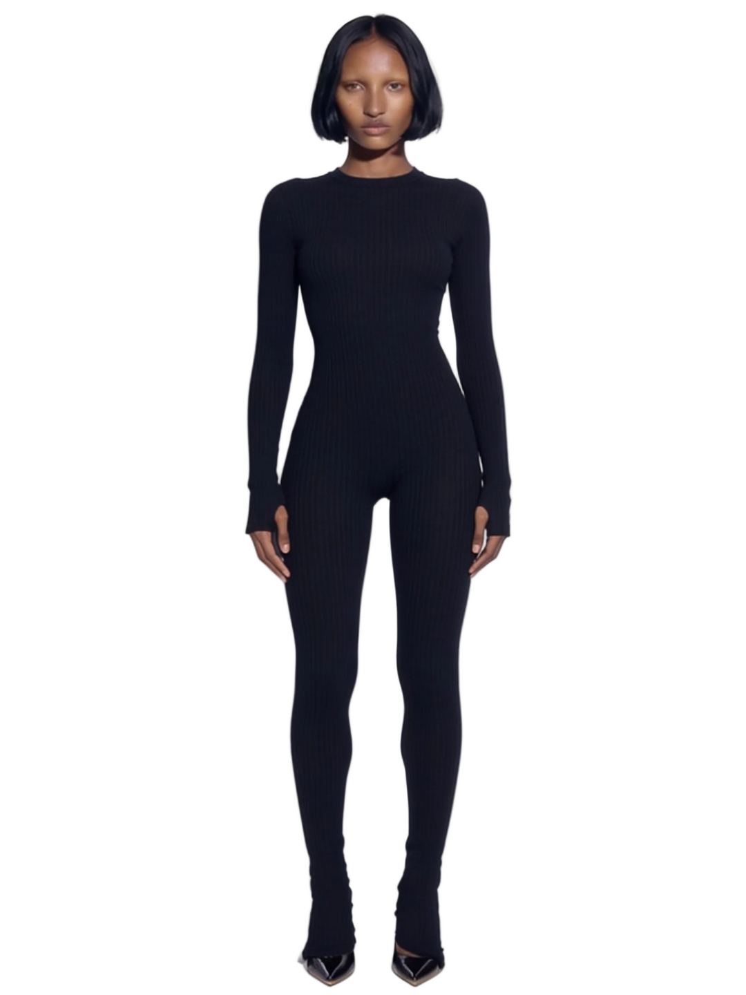 OPEN SEAM CATSUIT IN BLACK RIB