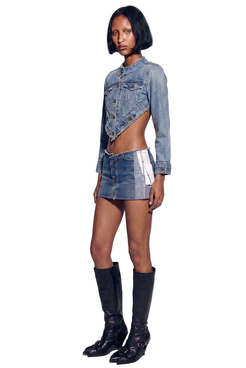 PORTERHOUSE RAW WAIST MINI SKIRT IN VINTAGE BLUE