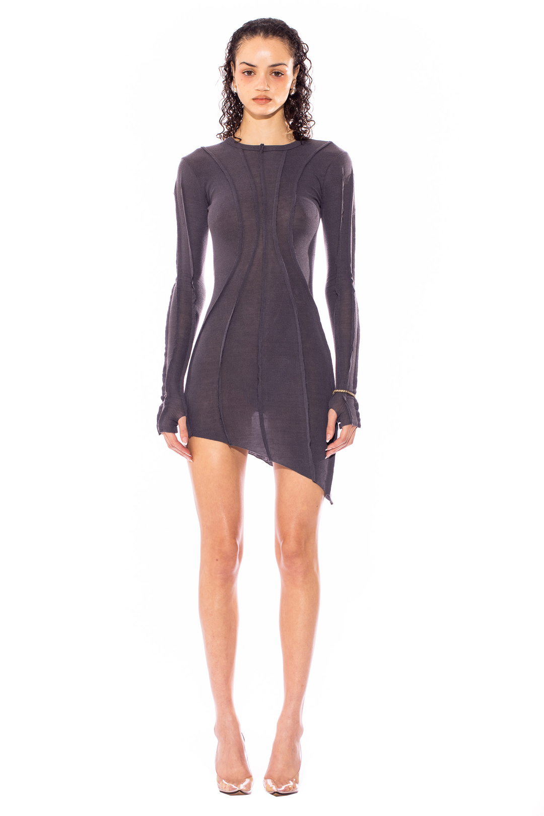 ASYMMETRIC MINI DRESS IN CHARCOAL RIB