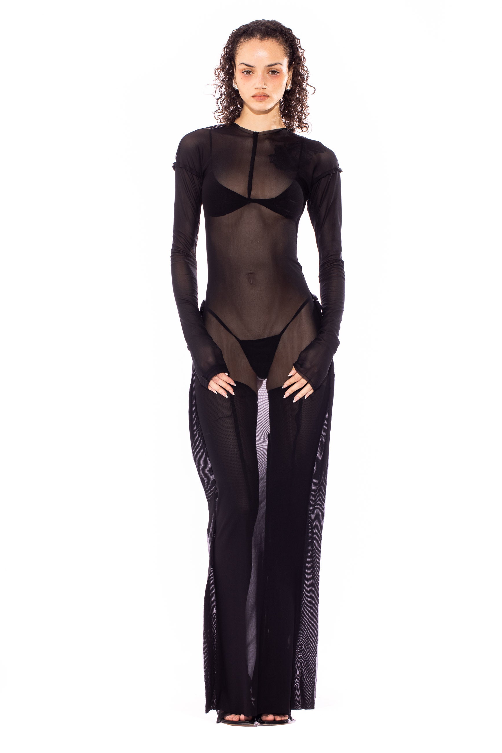 Sami Miro Vintage- OPEN SEAM MAXI DRESS IN BLACK ECO MESH – SAMI