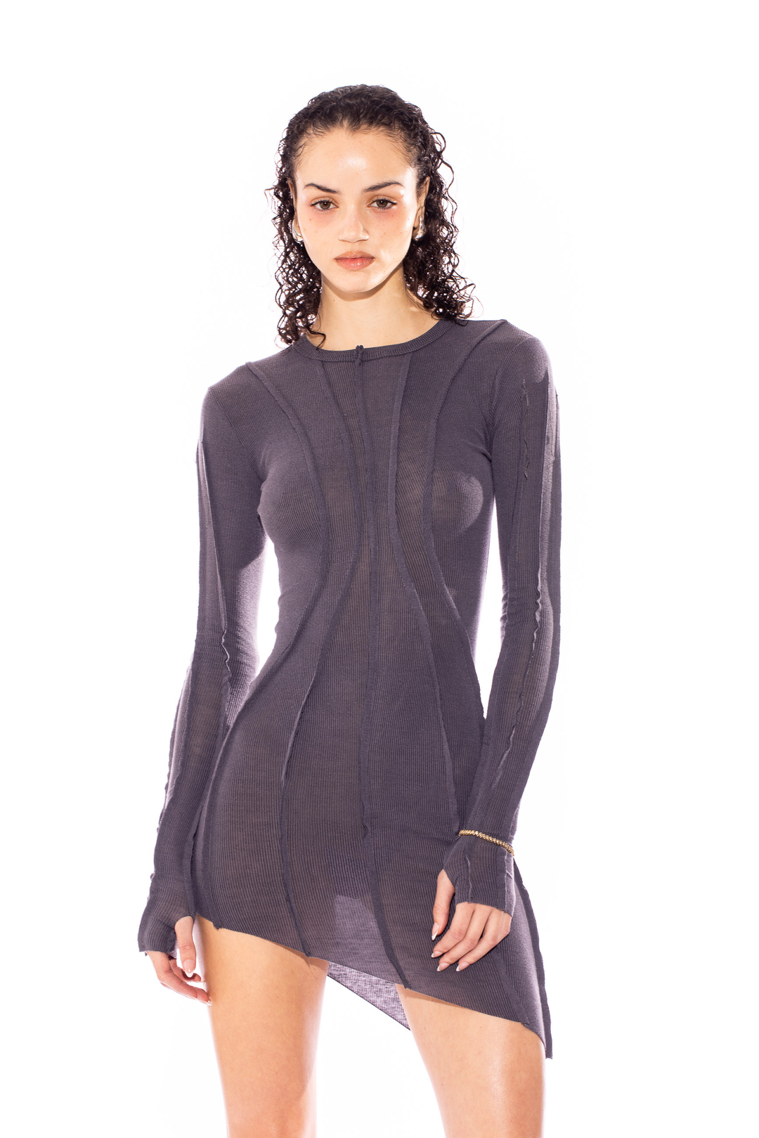 ASYMMETRIC MINI DRESS IN CHARCOAL RIB