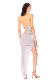 TIED UP CUT OUT DRESS IN SILVER STRETCH