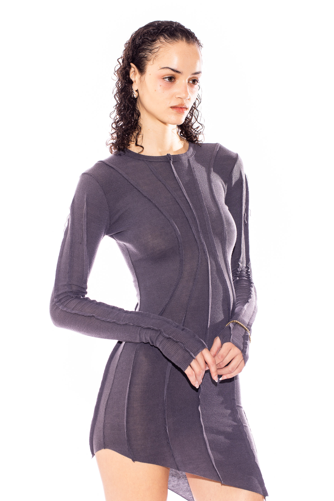 ASYMMETRIC MINI DRESS IN CHARCOAL RIB