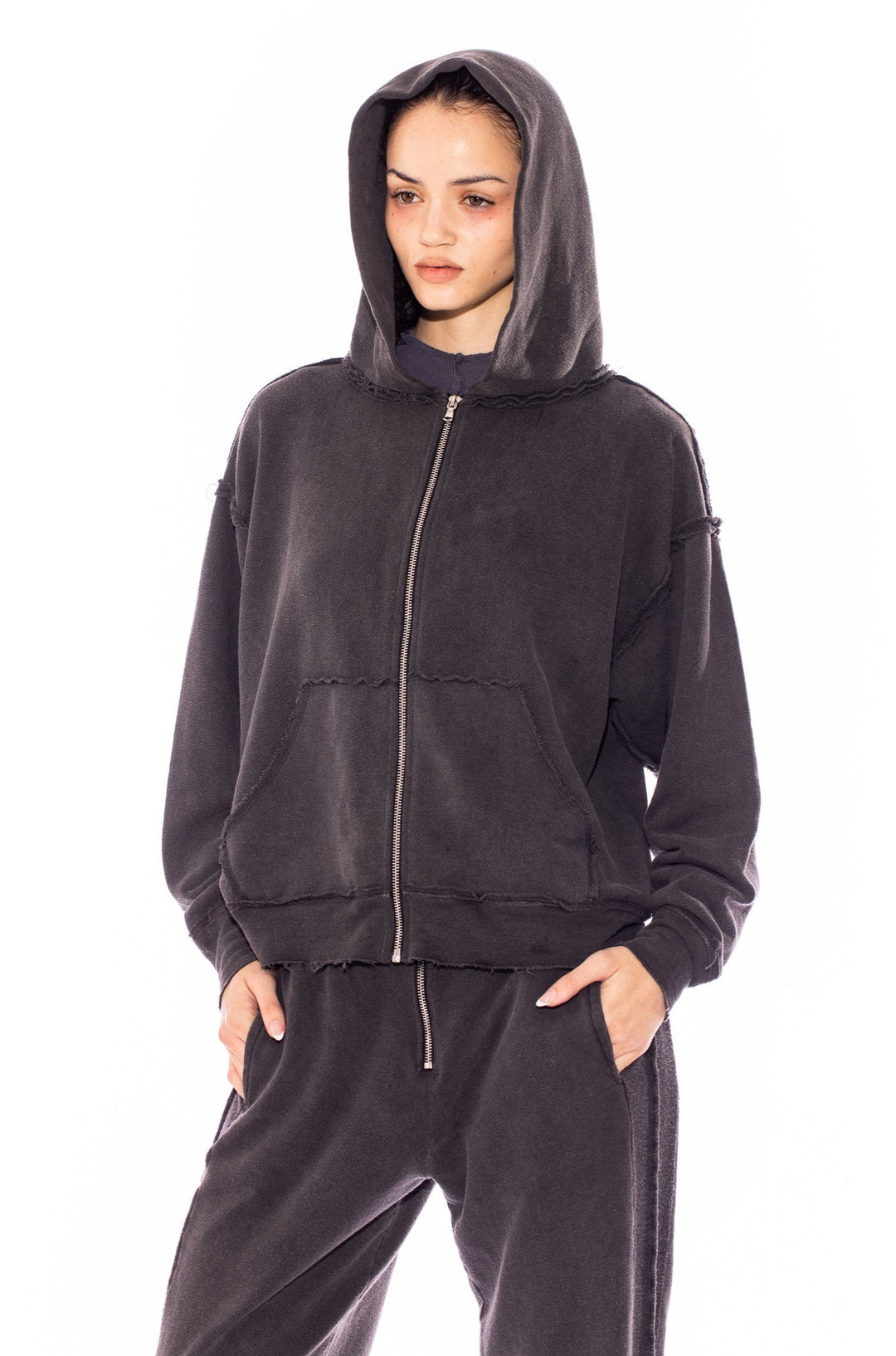 OPEN SEAM ZIP HOODIE IN CHARCOAL TERRY