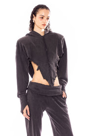 V CUT HOODIE IN CHARCOAL TERRY