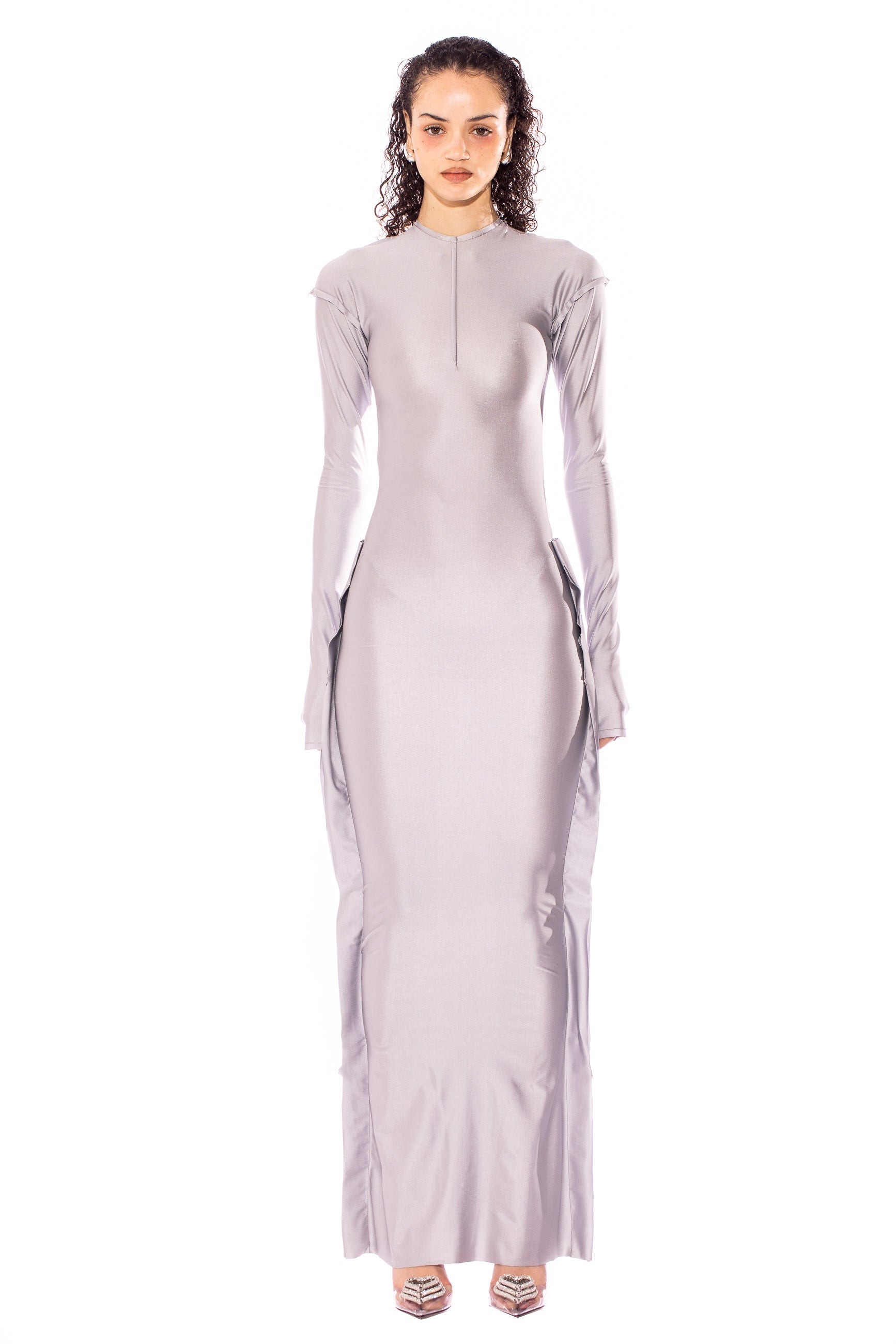 Sami Miro Vintage- OPEN SEAM MAXI DRESS IN SILVER STRETCH – SAMI