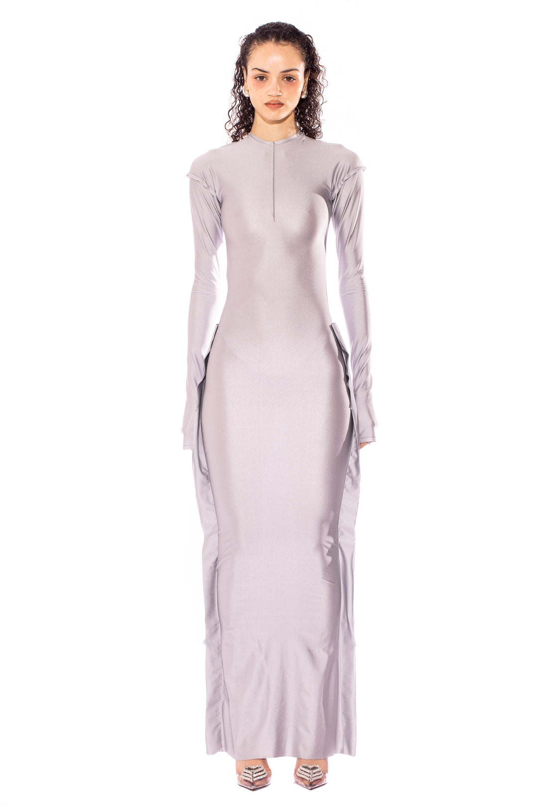 OPEN SEAM MAXI DRESS IN SILVER STRETCH