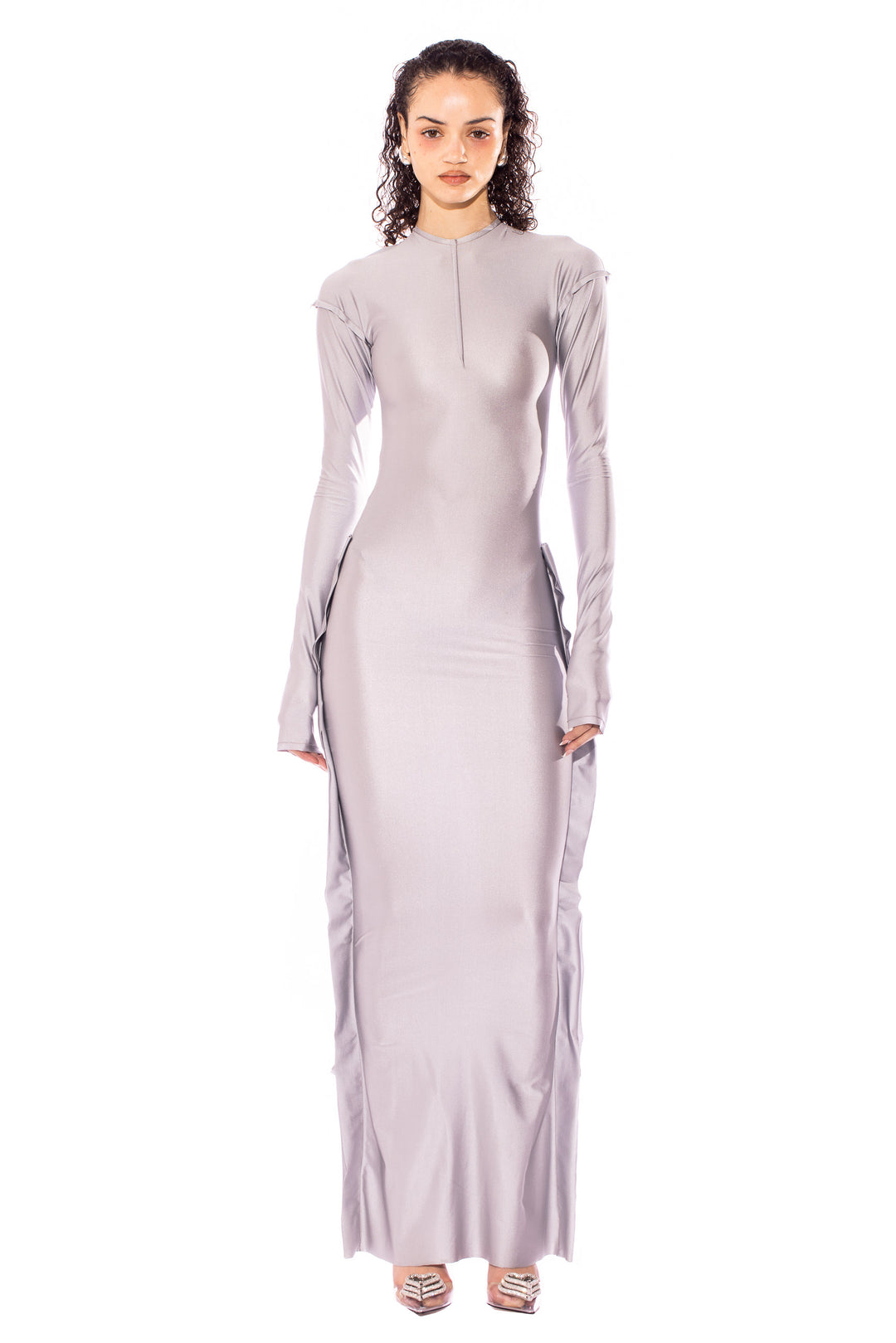 OPEN SEAM MAXI DRESS IN SILVER STRETCH