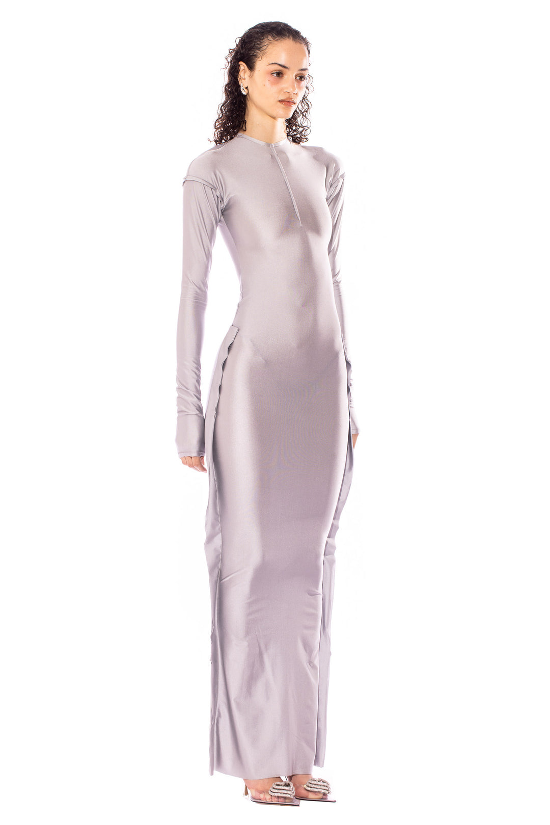 OPEN SEAM MAXI DRESS IN SILVER STRETCH