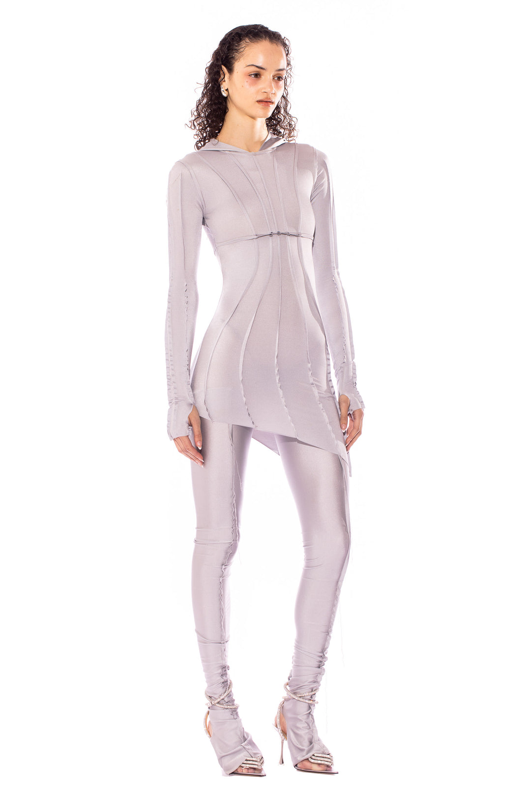 ASYMMETRIC HOODIE DRESS IN SILVER STRETCH