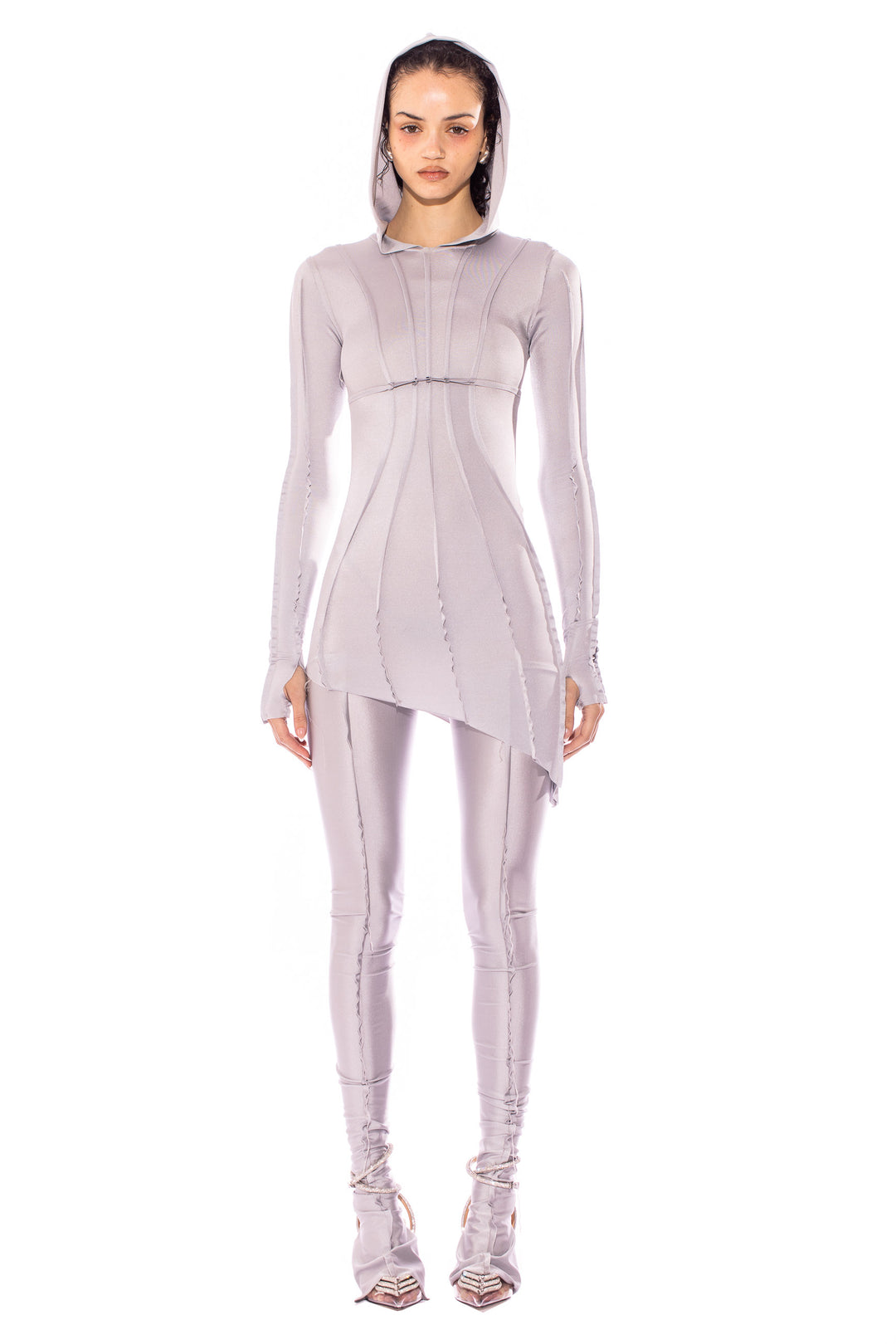 ASYMMETRIC HOODIE DRESS IN SILVER STRETCH