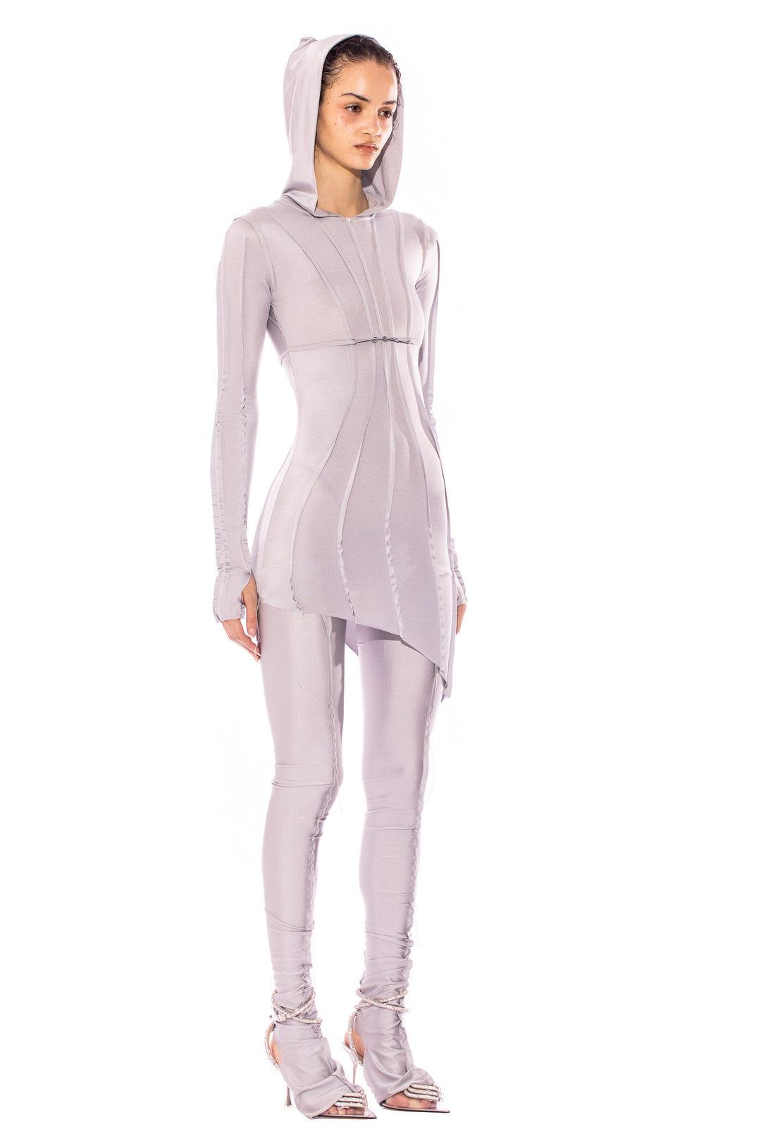 ASYMMETRIC HOODIE DRESS IN SILVER STRETCH