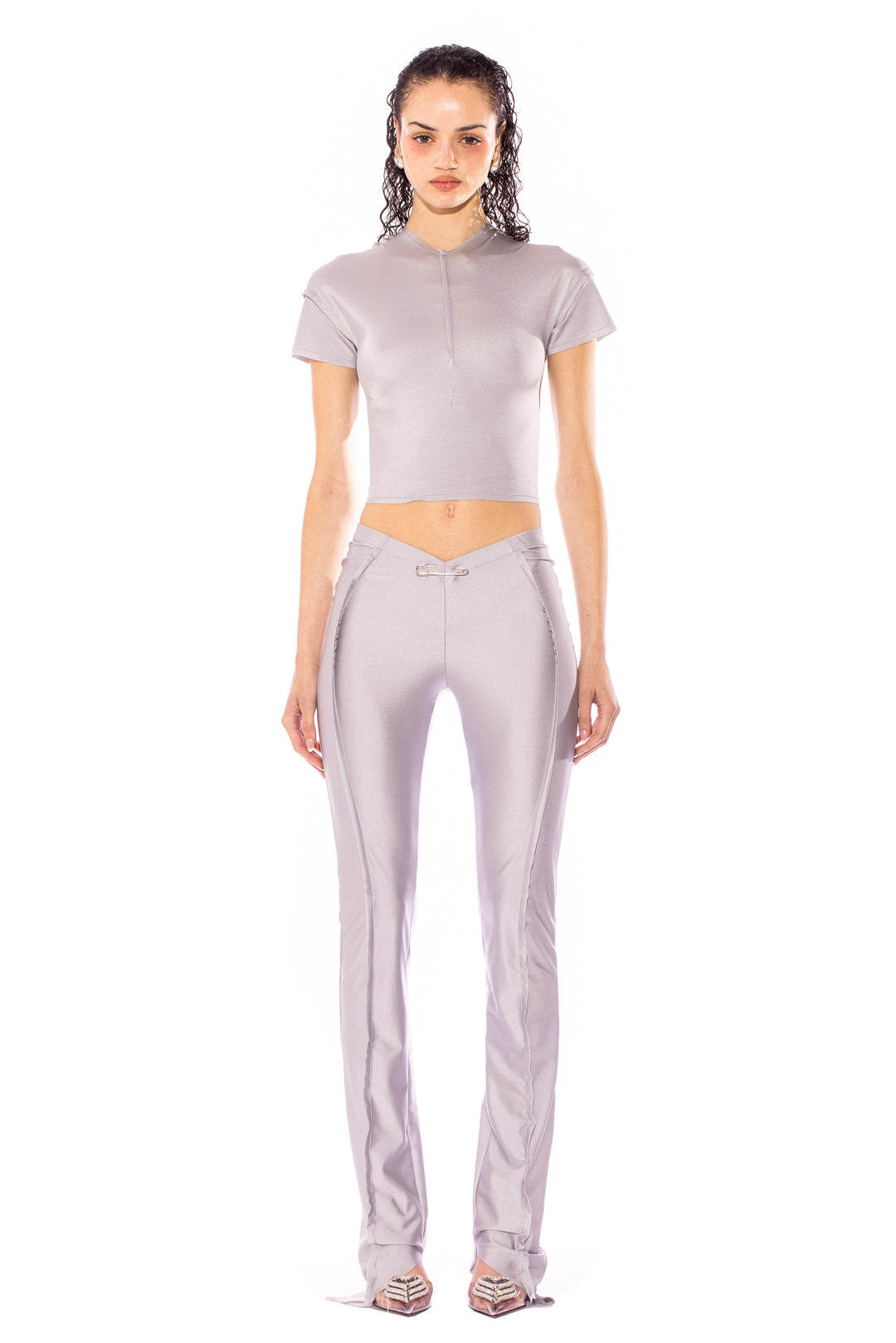 ASYMMETRIC PANTS IN SILVER STRETCH