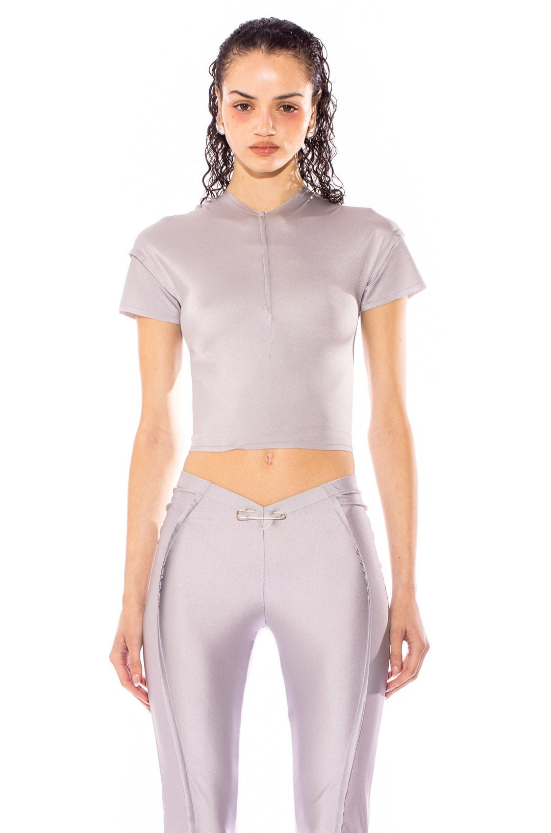 OPEN SEAM MINI TEE IN SILVER STRETCH