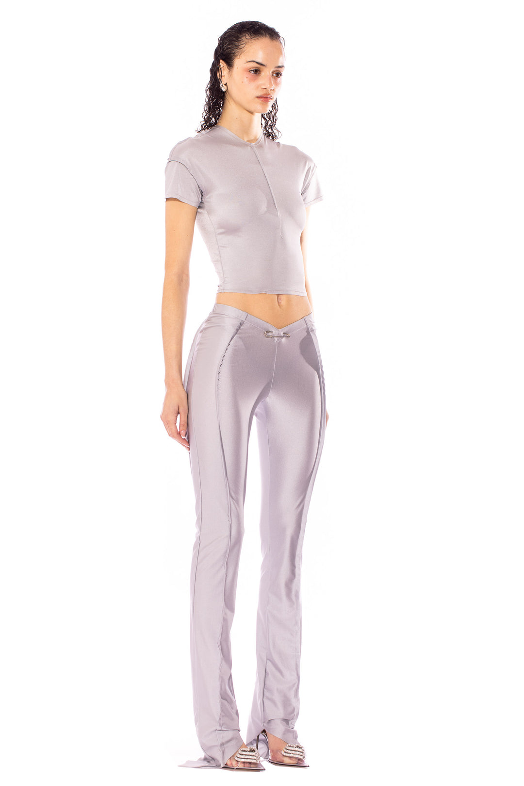 ASYMMETRIC PANTS IN SILVER STRETCH