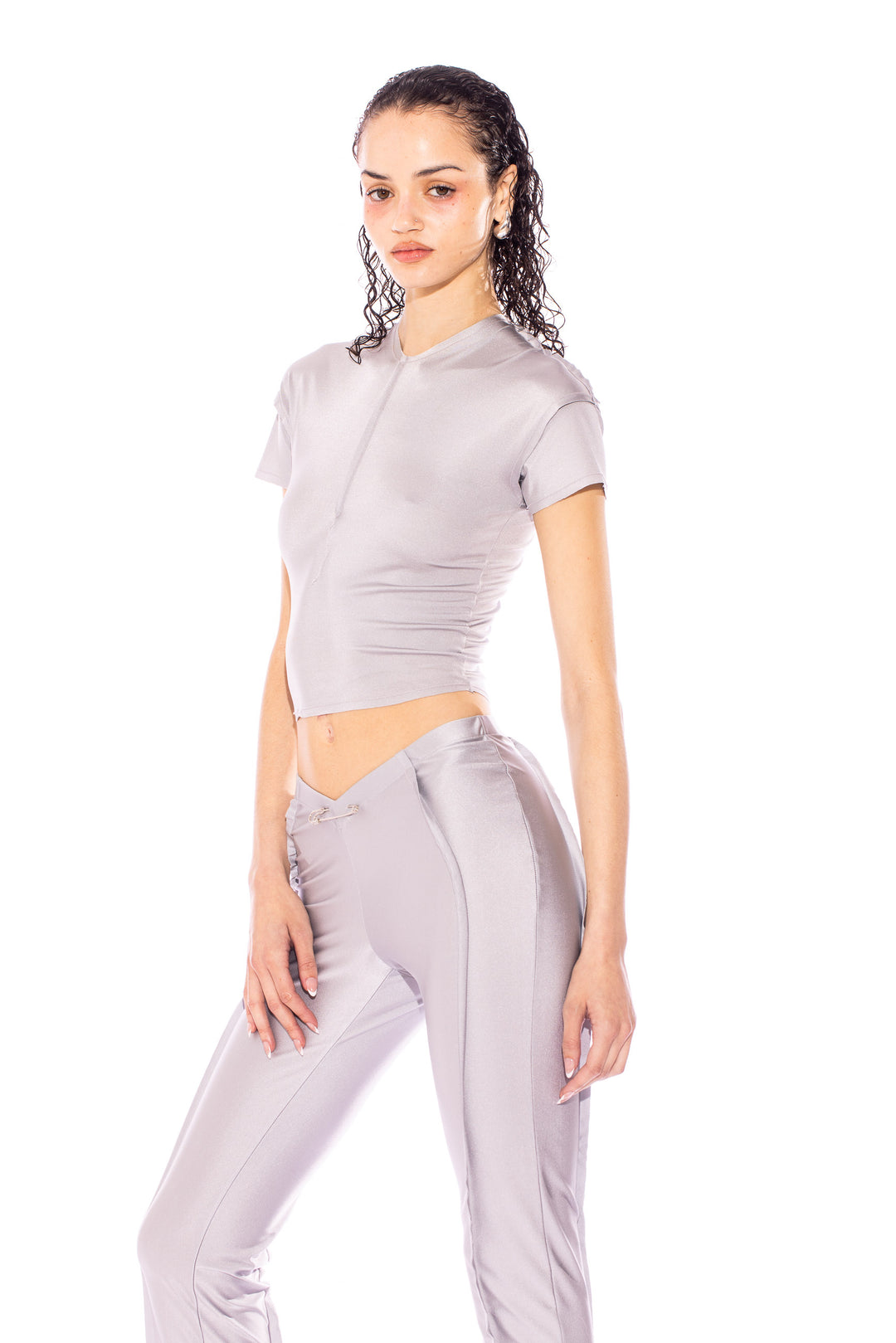 OPEN SEAM MINI TEE IN SILVER STRETCH