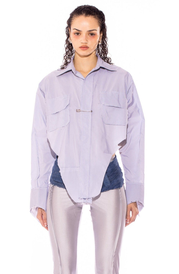 V CUT SAFETY PIN BLOUSE IN BLUE PIN