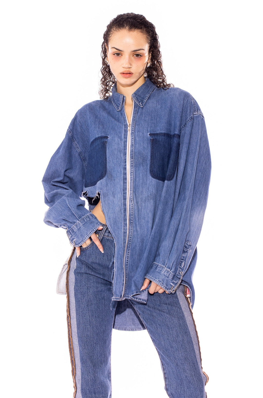 RAW ZIP-UP COLLARED SHIRT IN VINTAGE DENIM