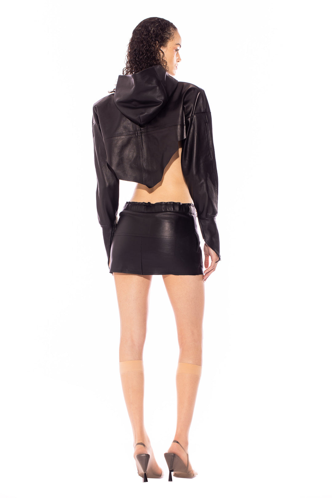 V CUT HOODIE DRESS IN BLACK LEATHER