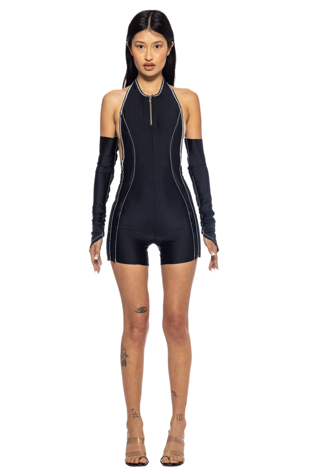 OPEN SEAM LOW BACK ROMPER IN BLACK STRETCH