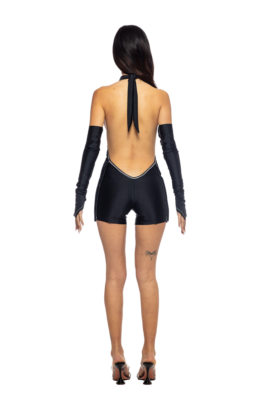 OPEN SEAM LOW BACK ROMPER IN BLACK STRETCH