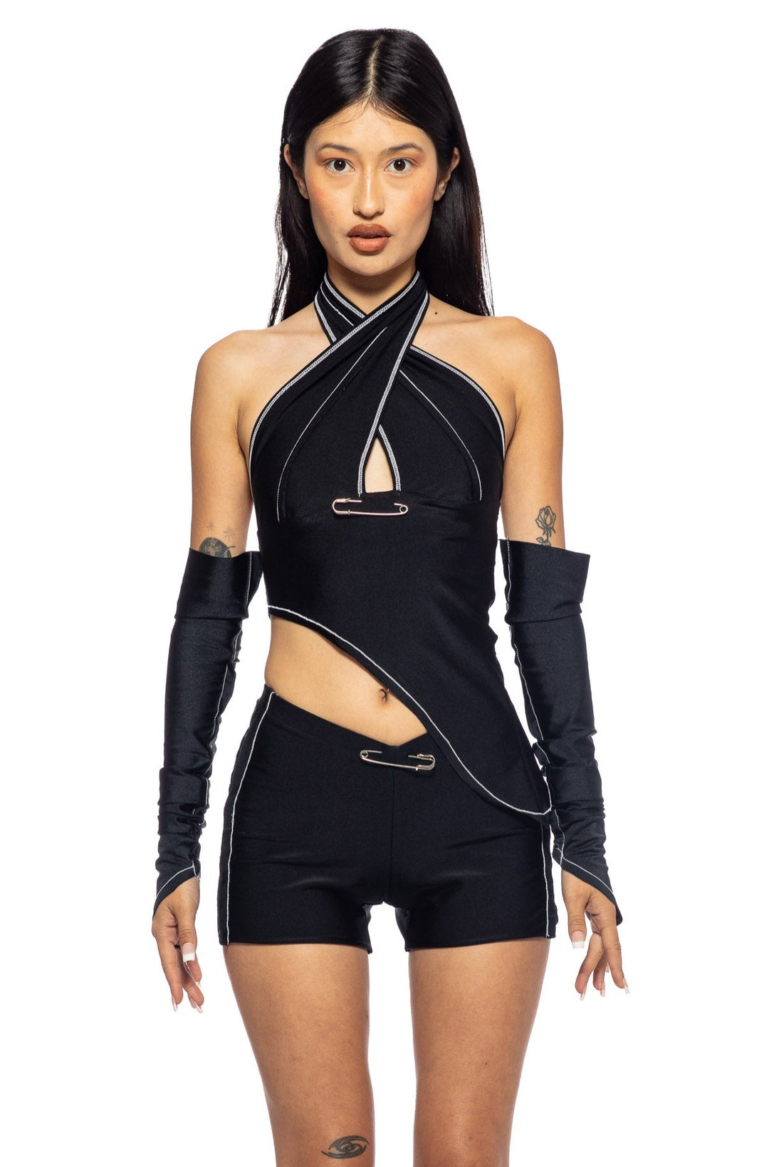 ASYMMETRIC CROSS NECK HALTER IN BLACK STRETCH