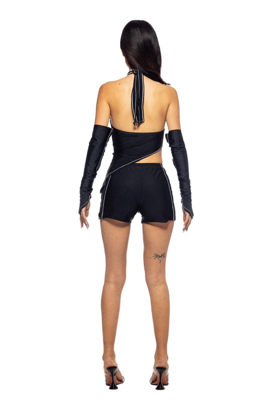 ASYMMETRIC CROSS NECK HALTER IN BLACK STRETCH