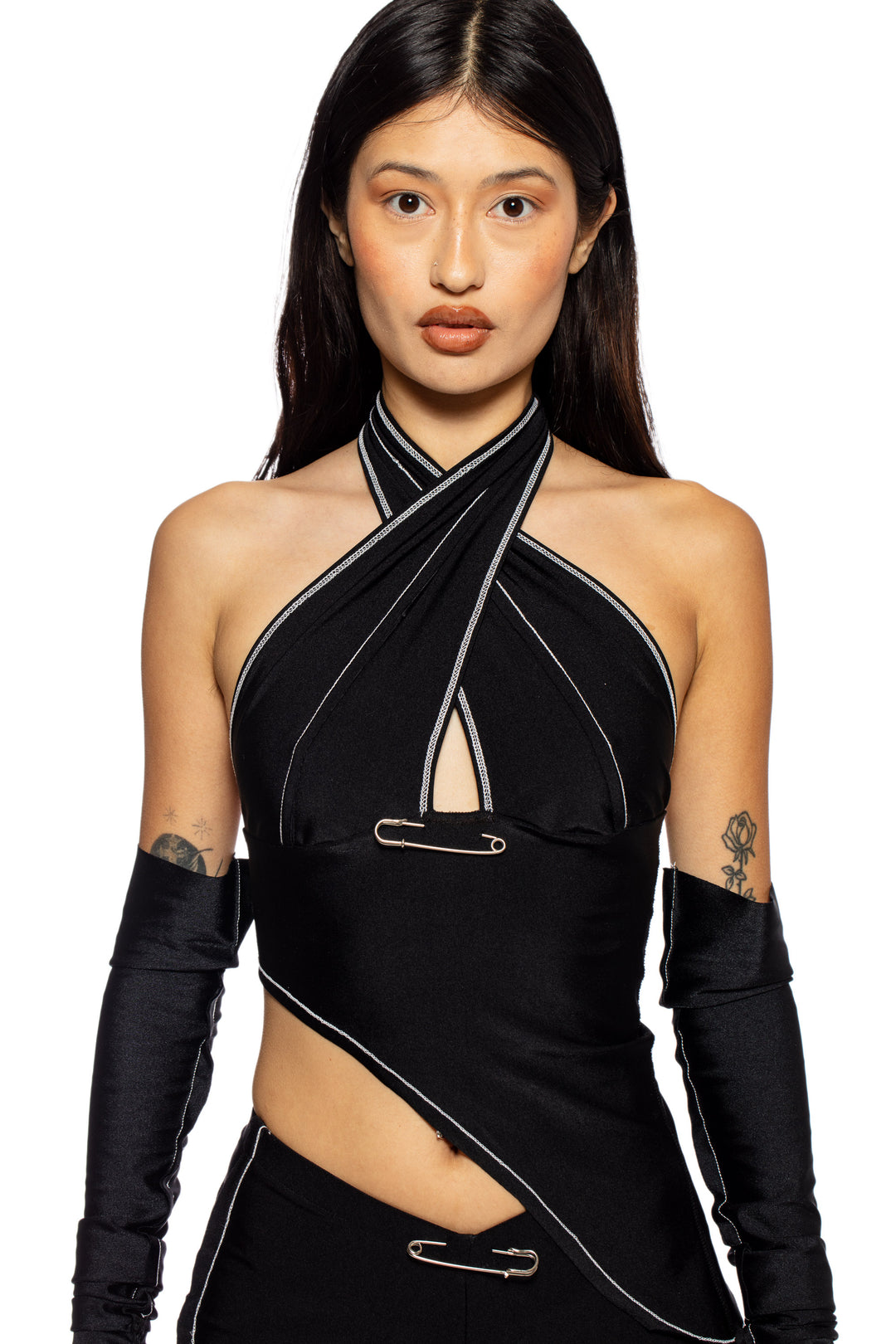 ASYMMETRIC CROSS NECK HALTER IN BLACK STRETCH