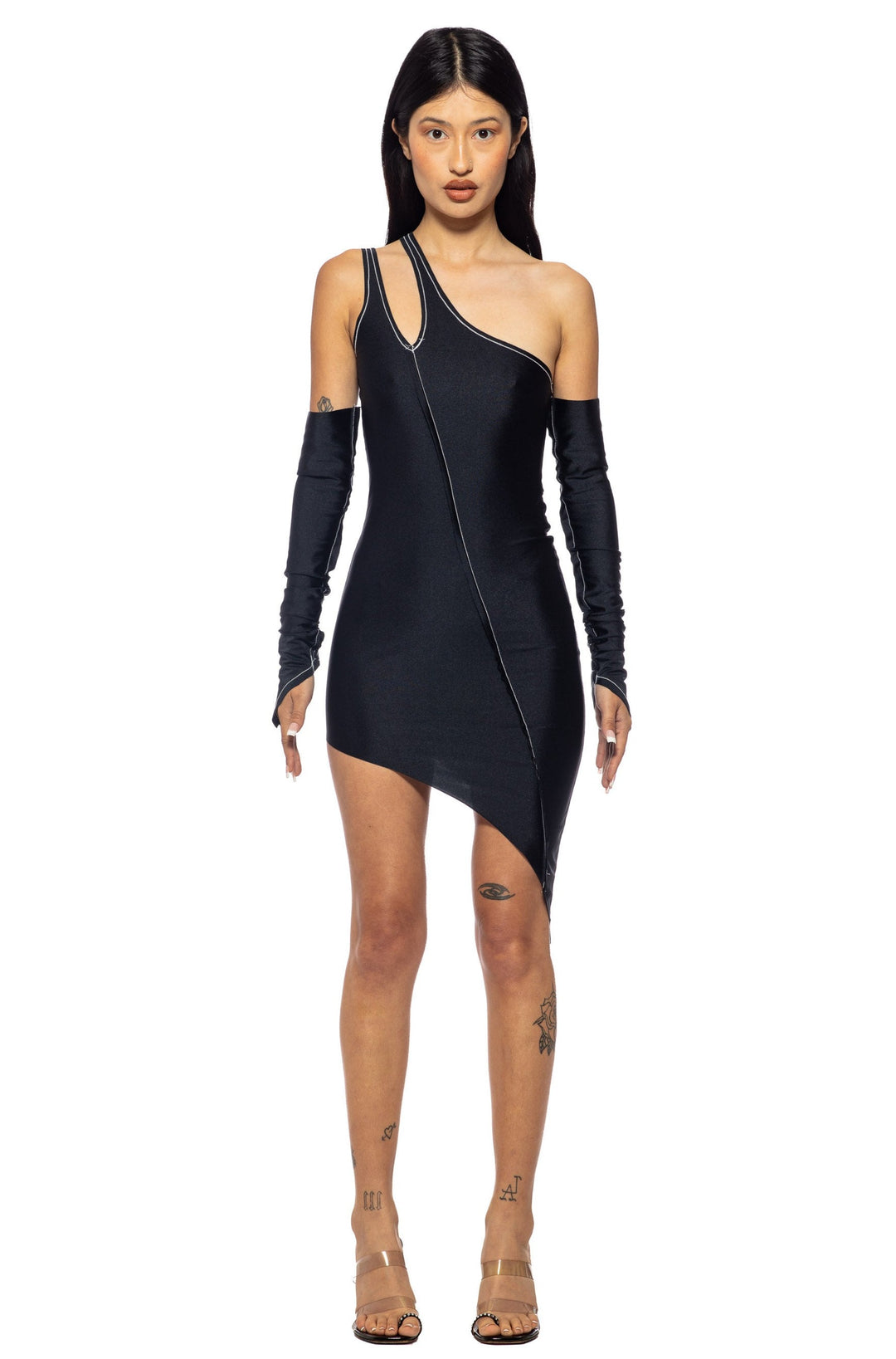 ASYMMETRIC ONE SHOULDER TANK DRESS IN BLACK STRETCH