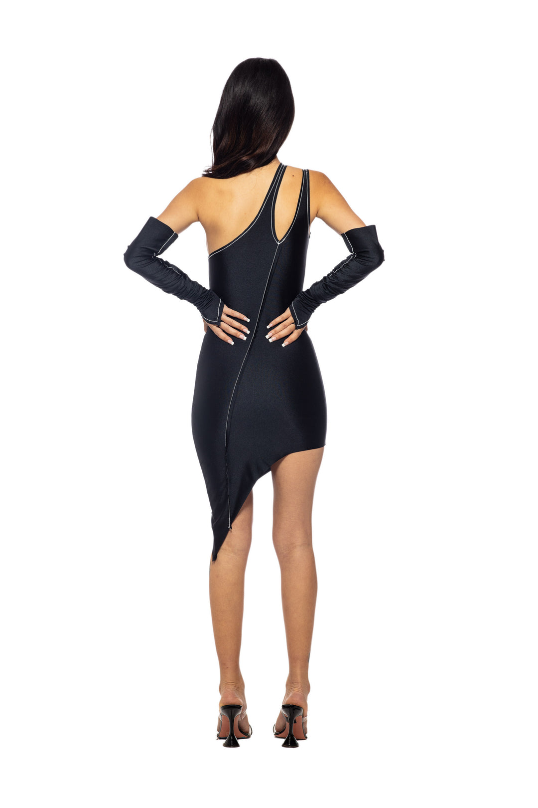 ASYMMETRIC ONE SHOULDER TANK DRESS IN BLACK STRETCH