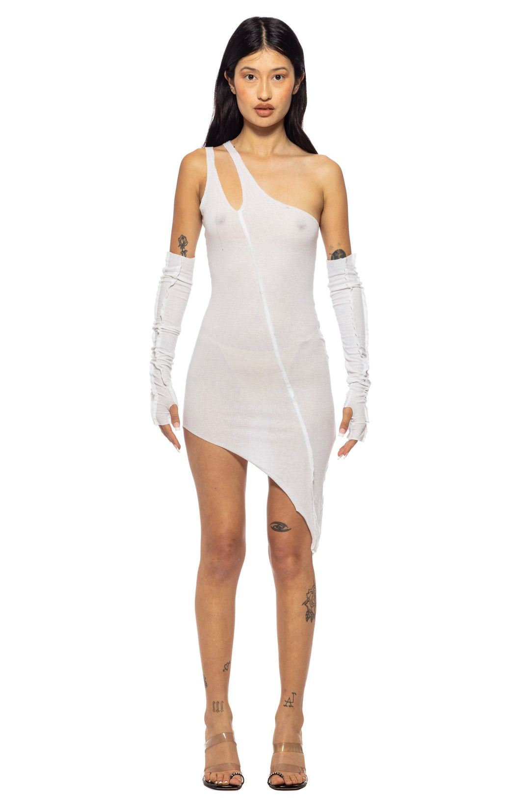 ASYMMETRIC ONE SHOULDER TANK DRESS IN WHITE RIB