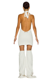 OPEN SEAM LOW BACK HALTER DRESS IN WHITE TERRY