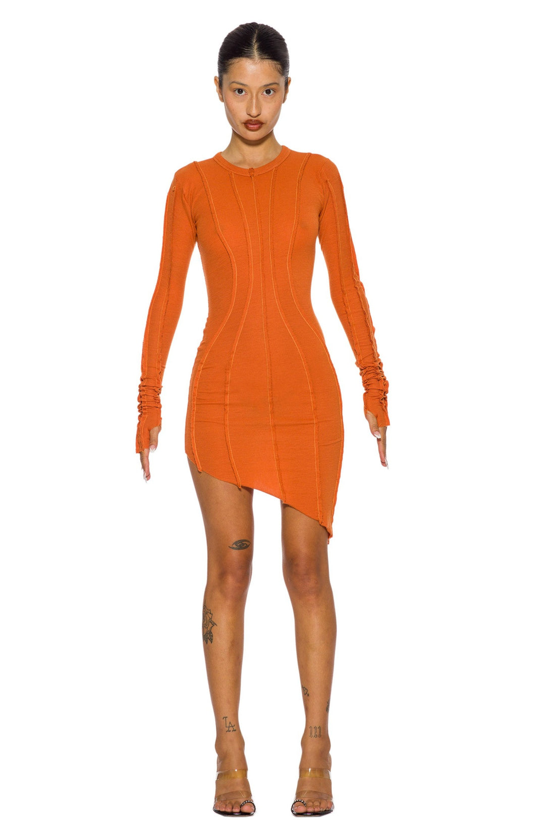 ASYMMETRIC LONG SLEEVE MINI DRESS IN FIRE RIB