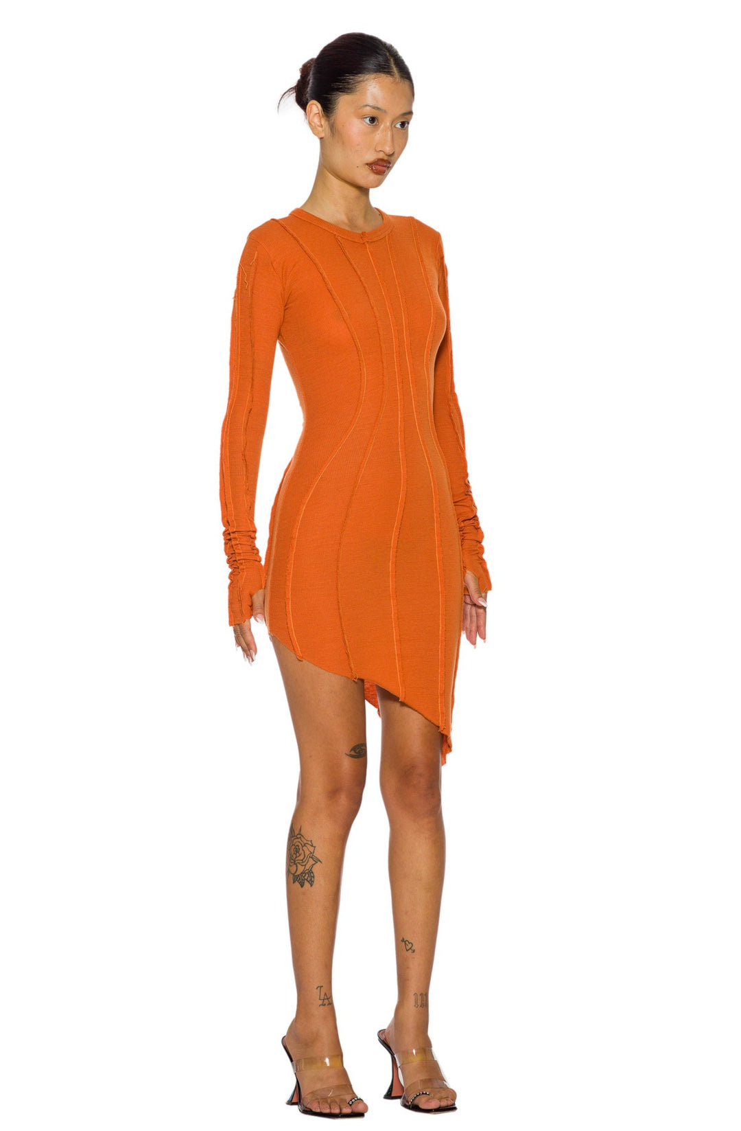 ASYMMETRIC LONG SLEEVE MINI DRESS IN FIRE RIB