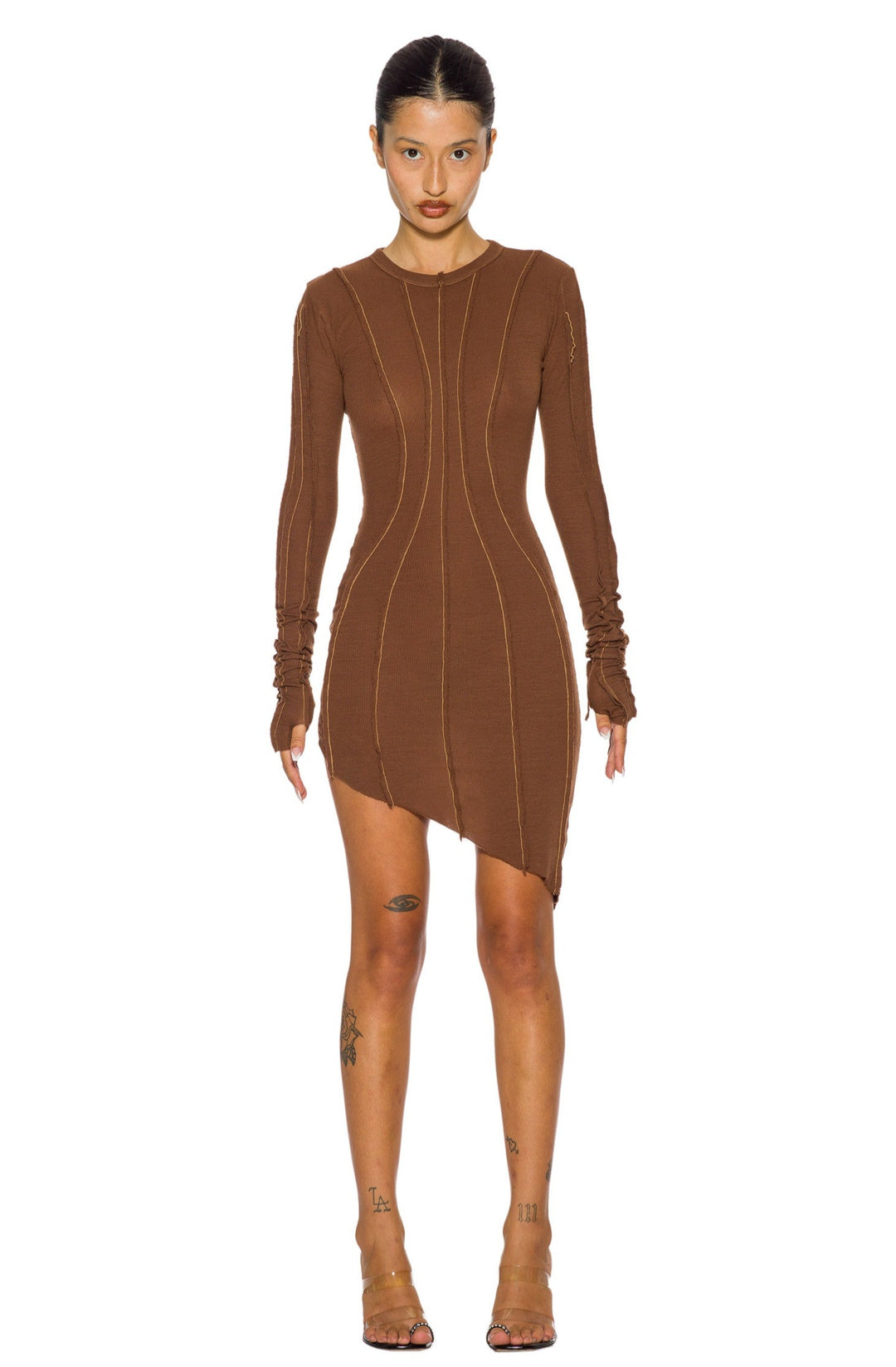 ASYMMETRIC LONG SLEEVE MINI DRESS IN BARK RIB