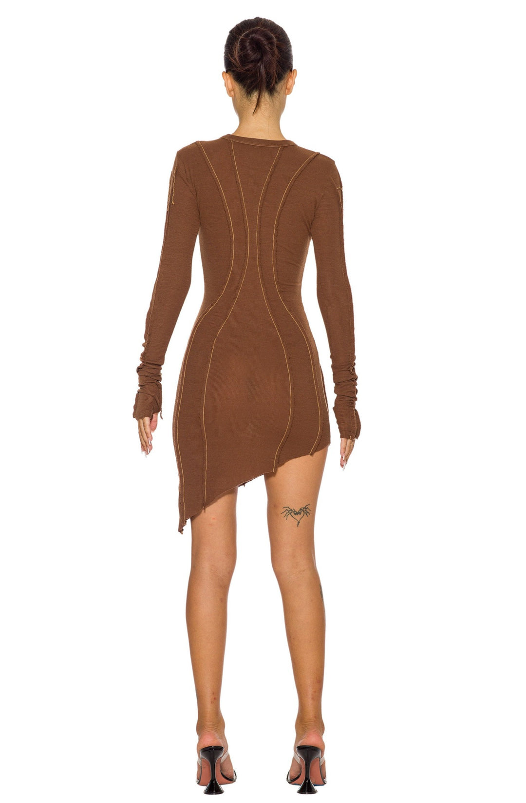 ASYMMETRIC LONG SLEEVE MINI DRESS IN BARK RIB