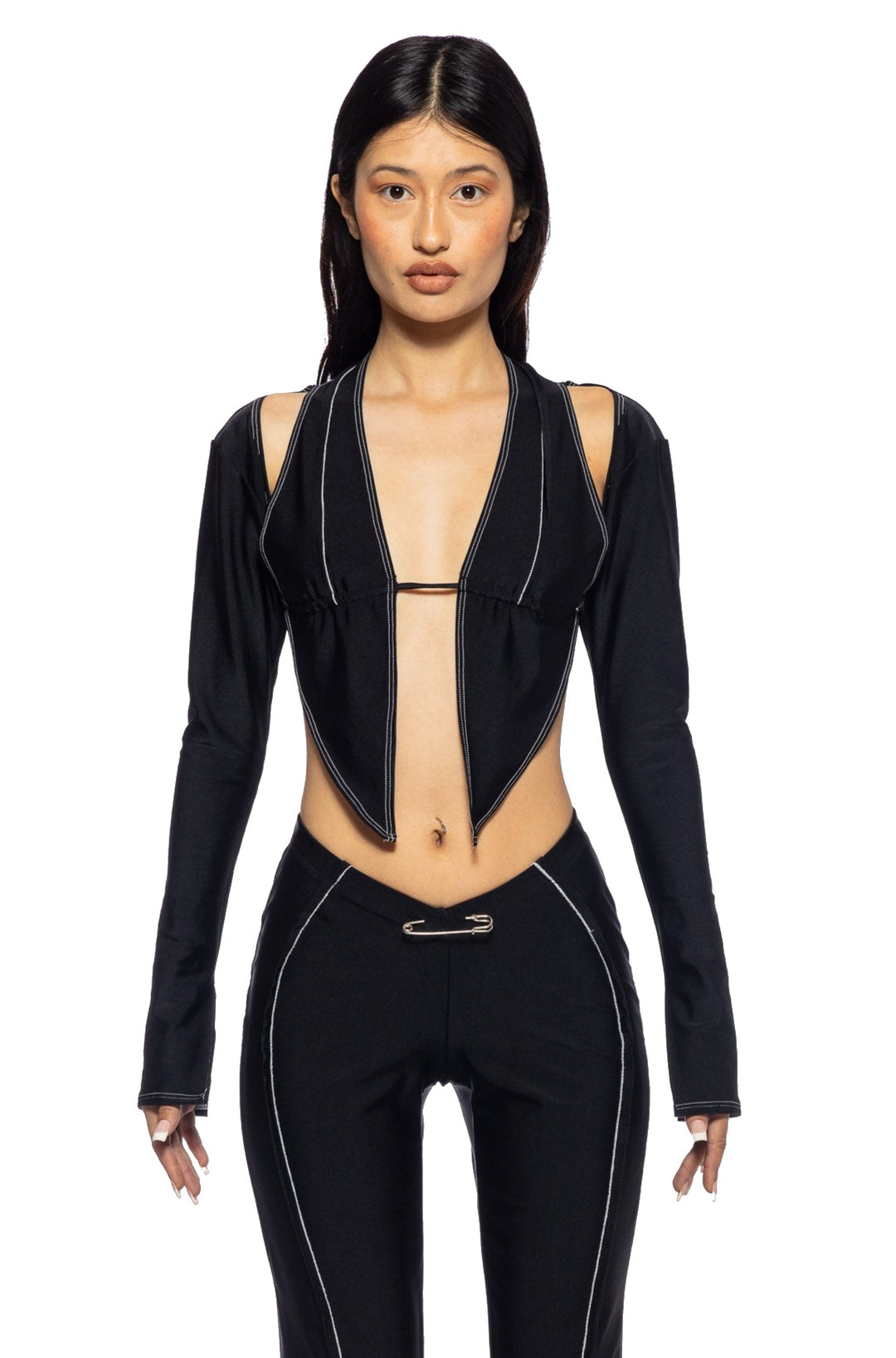 LONG SLEEVE BUTTERFLY HALTER IN BLACK STRETCH