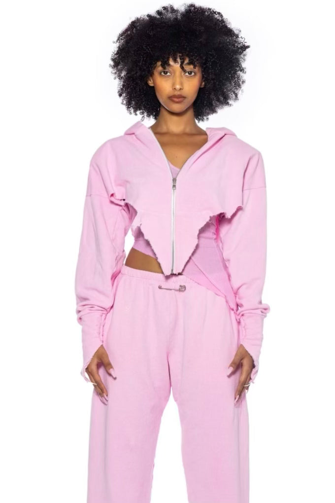 V CUT ZIP-UP HOODIE IN PINK TERRY