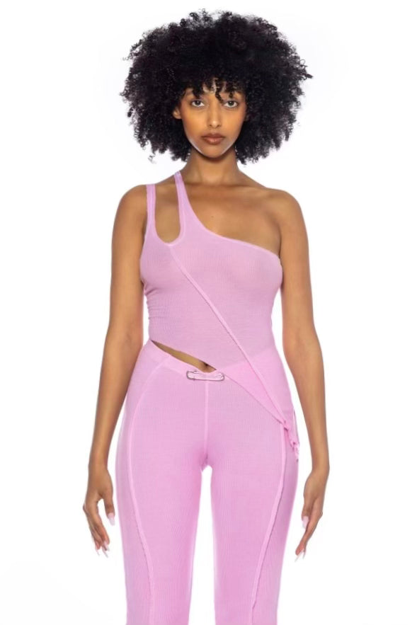 ASYMMETRIC ONE SHOULDER TANK IN PINK RIB