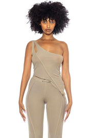 ASYMMETRIC ONE SHOULDER TANK IN TAUPE RIB