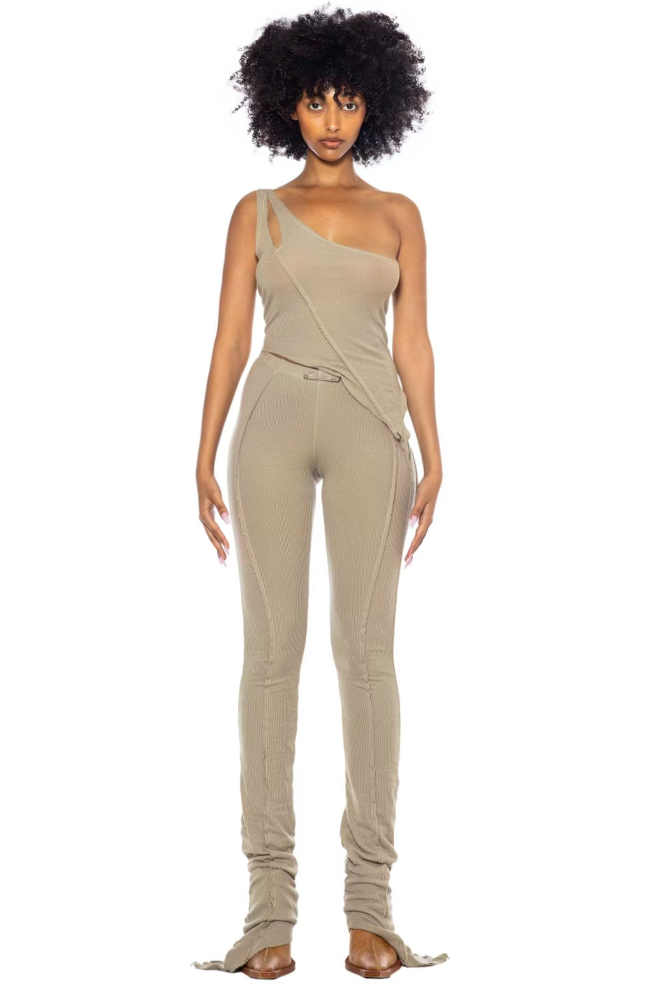 ASYMMETRIC PANTS IN TAUPE RIB