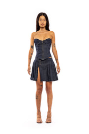 PLEATED SAFETY PIN SKIRT IN RAW DENIM