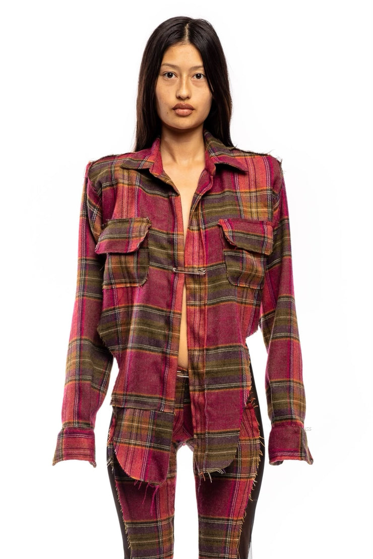 V CUT BUTTON UP IN WARM PLAID